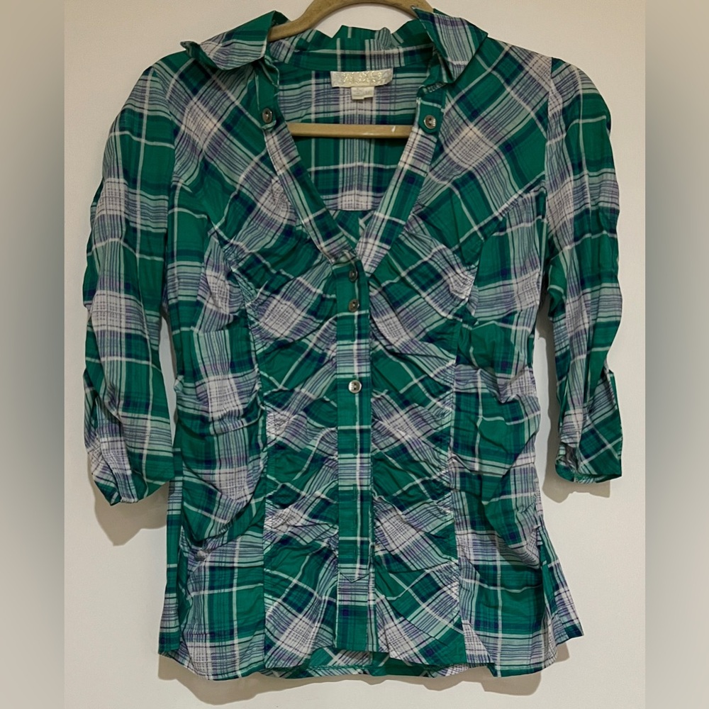 XOXO Women’s Green and White Plaid Shirt